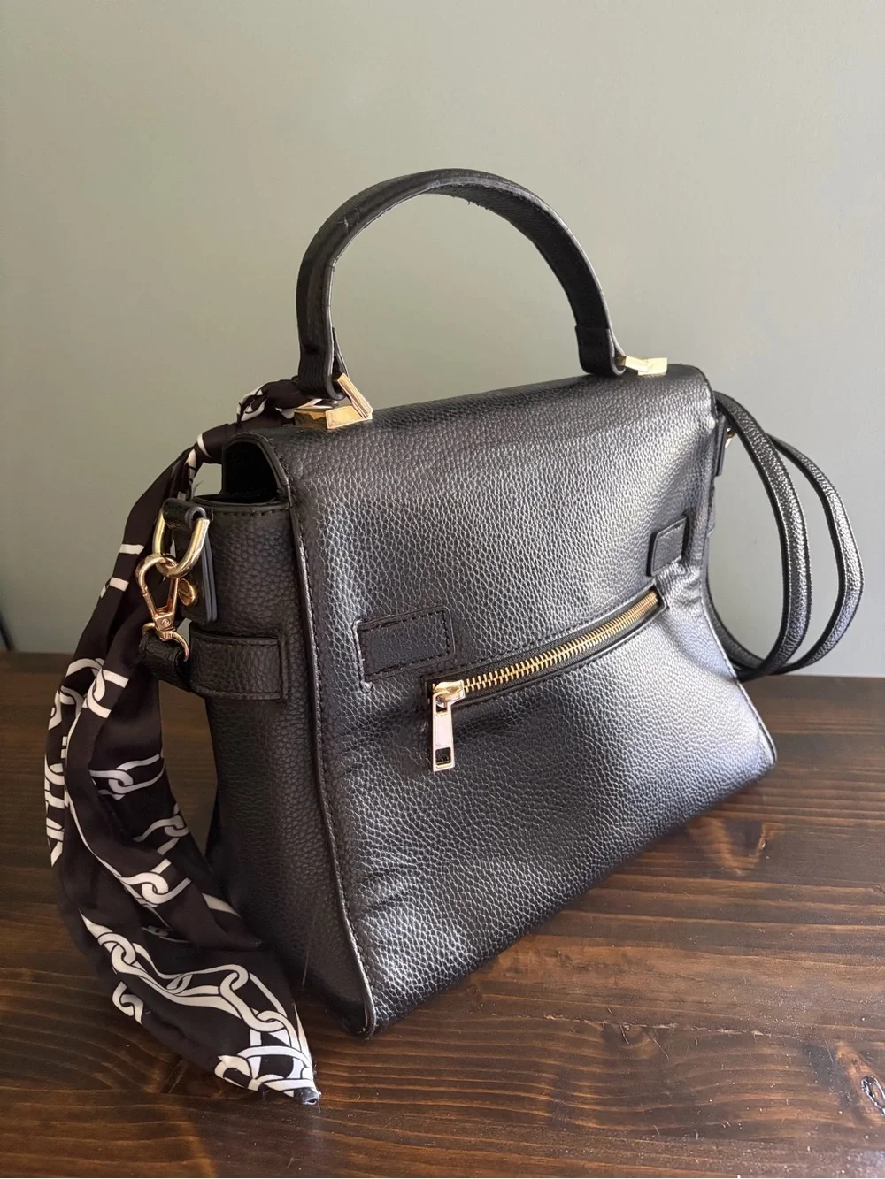 Aldo Black Faux Leather Top-Handle Satchel with Scarf Accent & Gold Hardware